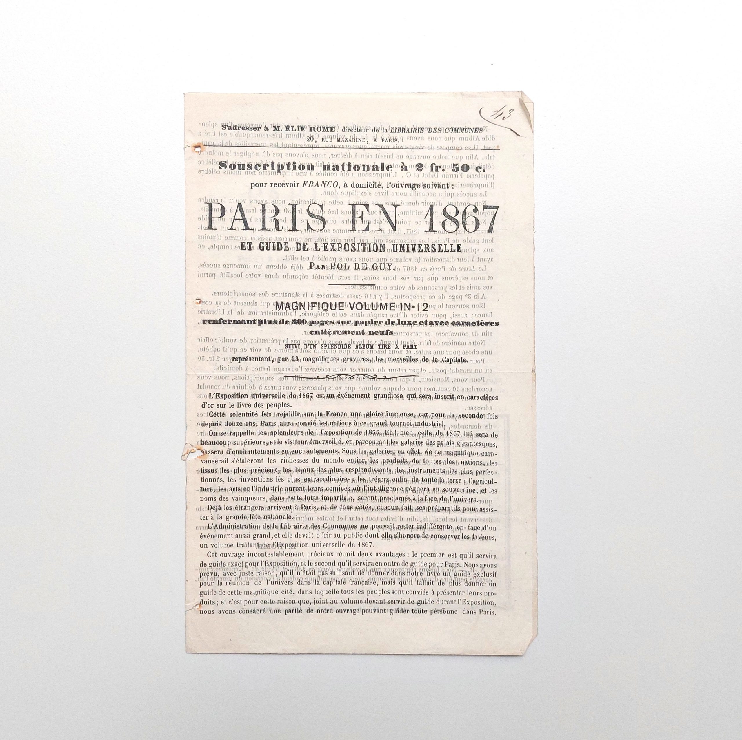 Prospectus de souscription pour l’ouvrage “Paris en 1867, Guide à l’Exposition Universelle”.