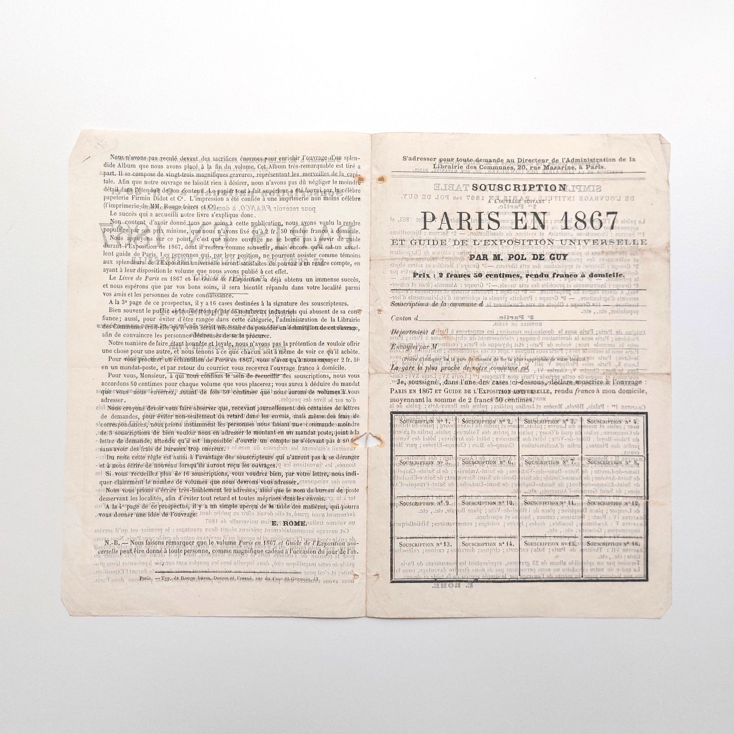Prospectus de souscription pour l’ouvrage “Paris en 1867, Guide à l’Exposition Universelle”. – Image 2