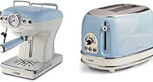Ariete 1389 Expresso Vintage Céleste Bleu & Ariete Vintage 155 Grille-Pain 2 Tranches, 810 Watts, 6 Niveaux de Grillage, en Acier Inoxydable Peint en Couleur Bleu Ciel Pastel, Sans Pince
