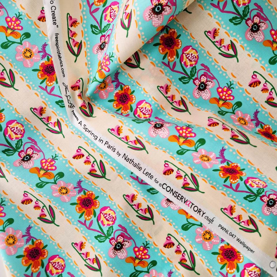 Tissu Nathalie Lété Un Printemps à Paris Rayures Fleurs Aqua – Image 4