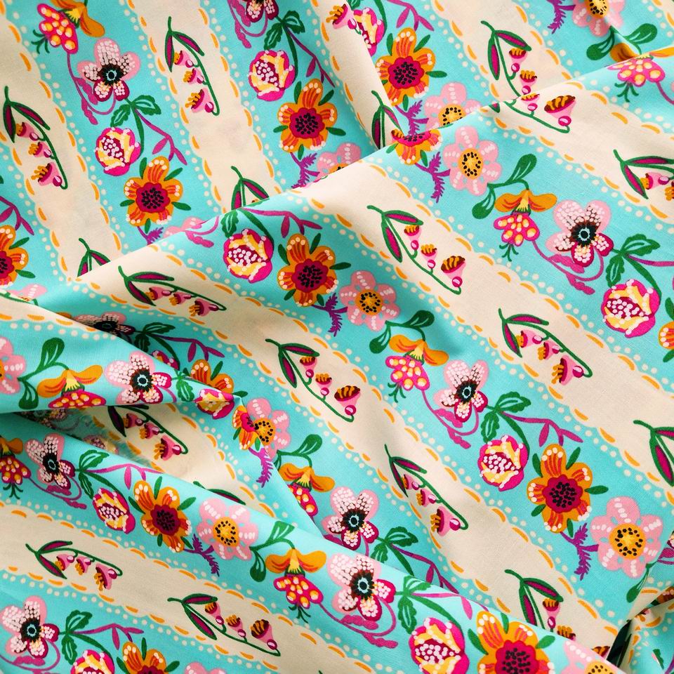 Tissu Nathalie Lété Un Printemps à Paris Rayures Fleurs Aqua