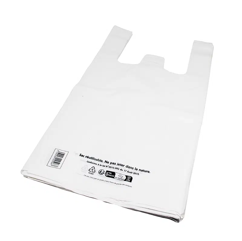 Sac plastique blanc à bretelles 30 + 14 x 54 cm 50 µ par 500