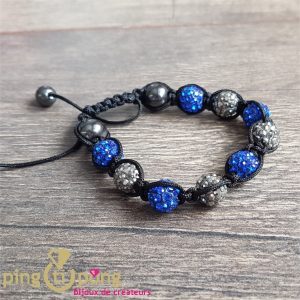 Bracelet shamballa en perles alternées bleues grises et grises