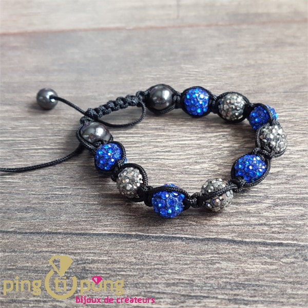 Bracelet shamballa en perles alternées bleues grises et grises