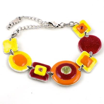 Bracelet métal et émail ronds et carrés jaune, orange et bordeaux – Image 2
