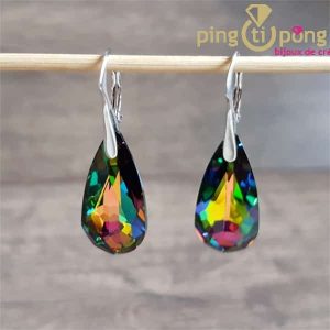Boucles d&rsquo;oreilles SPARK en argent rhodié et larmes en cristal vitrail