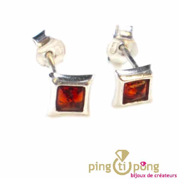 Boucles d’oreilles puces carrées en argent et ambre cognac Balticambre
