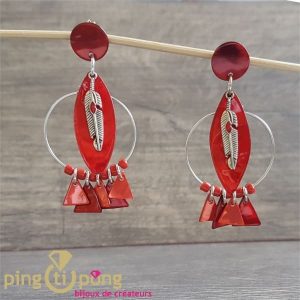 bijoux en nacre et argent : Boucles d&rsquo;oreilles indien plume de « La petite Sardine » rouge et argent