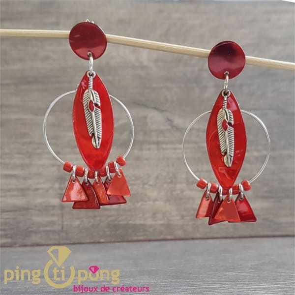 bijoux en nacre et argent : Boucles d’oreilles indien plume de « La petite Sardine » rouge et argent