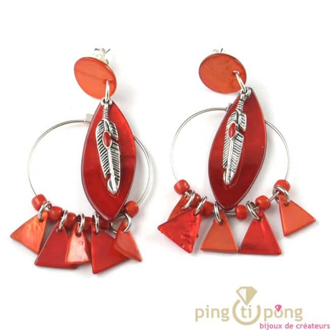 bijoux en nacre et argent : Boucles d’oreilles indien plume de « La petite Sardine » rouge et argent – Image 2