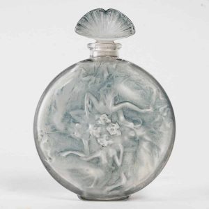 1912 René Lalique – Flacon Rosace Figurines Verre Blanc Patiné Bleu