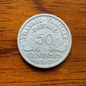 Pièce de monnaie de 50 centimes – Francisque – Légère – Datant de 1942 – Collection – Numismate