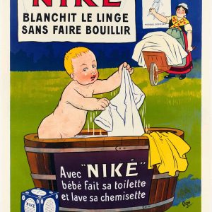 Affiche Originale, Eugène Ogé, Niké, Lessive, Blanchiment, Lavage, Poudre, Savon, Mousse, Linge, Liquide, Laverie, Hygiène, Nettoyage, Toilette, Chemisette, Enfant, Bébé, Caricature, c.1900