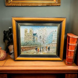 Magnifique huile sur toile originale de Caroline BURNETT représentant Notre Dame de Paris et les bouquinistes – Tableau de petit format