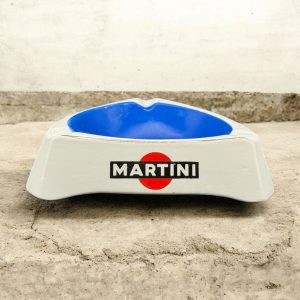 Ancien cendrier publicitaire – Martini – Porcelaine blanche fond bleu avec un liseré doré – Orchies – Moulin des Loups – Vers 1950 – Collection – Décoration – Vintage